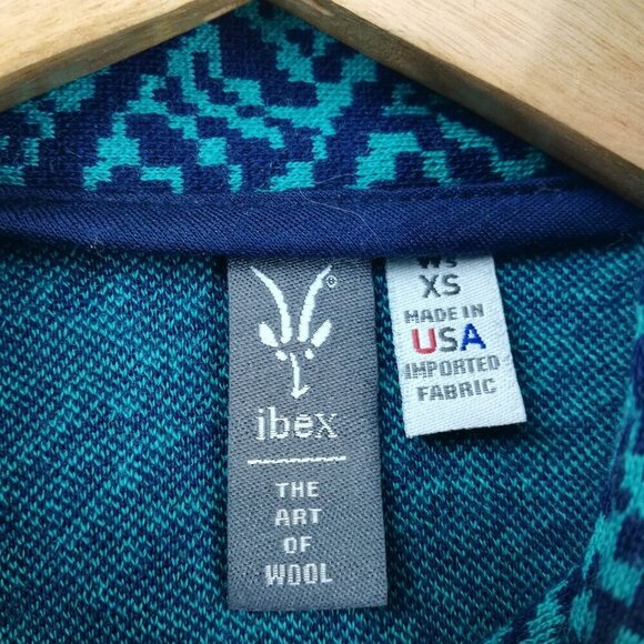 Ibex 100% Merino Wool Zip Up Mock Neck Sweater Size XS Blue Geometric Juliet - Picture 14 of 16